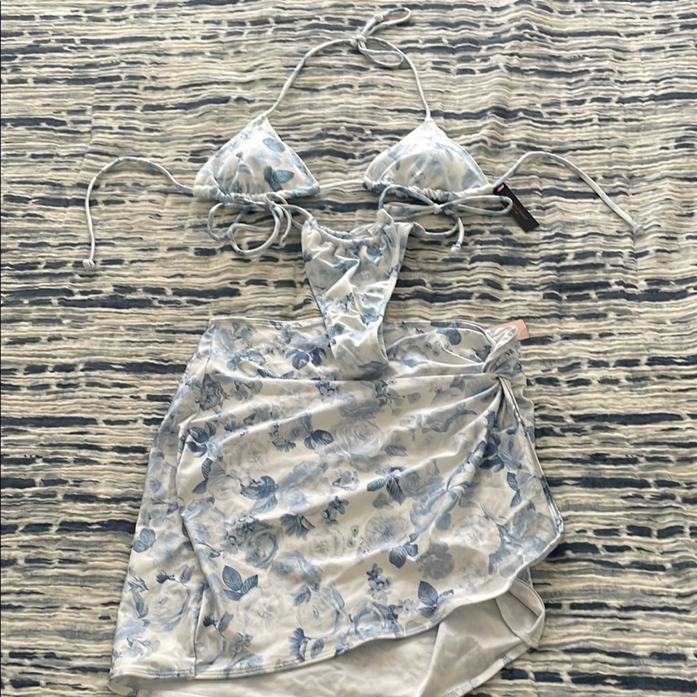 Victoria’s Secret Blue Floral Brazilian/Thong Bikini Set with Wrap Skirt/Coverup